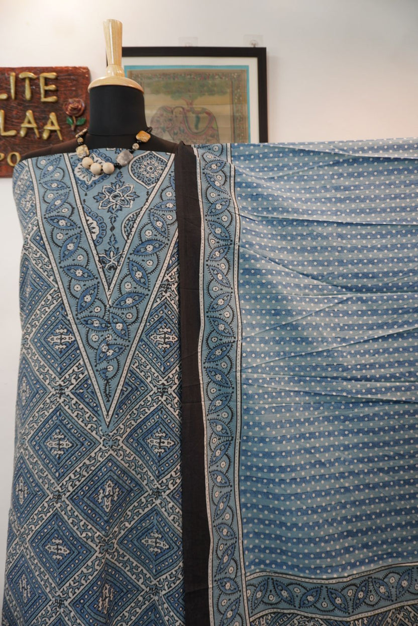 Ajrakh cotton 3 piece suit set in light blue with block print and border