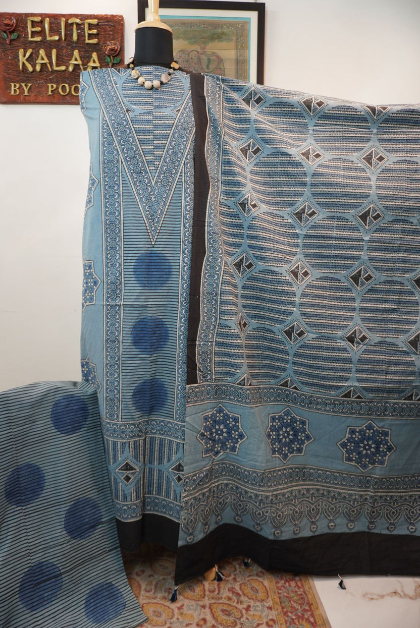 Light blue Ajrakh cotton 3 piece suit set with border detail and tassels