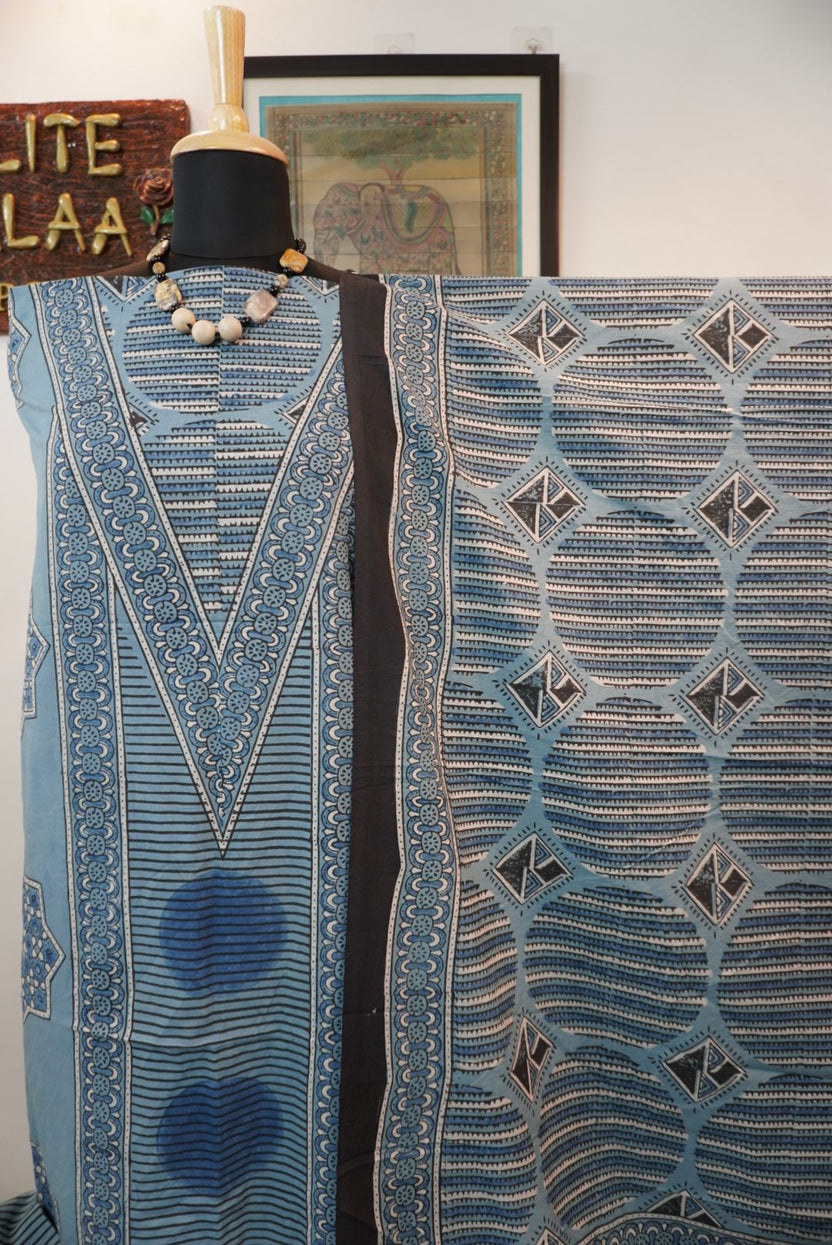 Light blue Ajrakh cotton 3 piece suit set with border detail and tassels