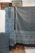 Light blue Ajrakh block print cotton 3 piece suit set with black and white accents, border and tassels