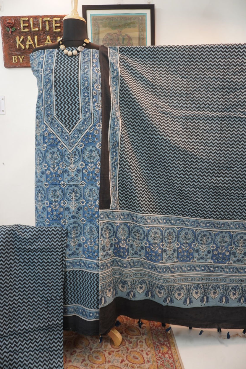 Light blue Ajrakh block print cotton 3 piece suit set with black and white accents, border and tassels