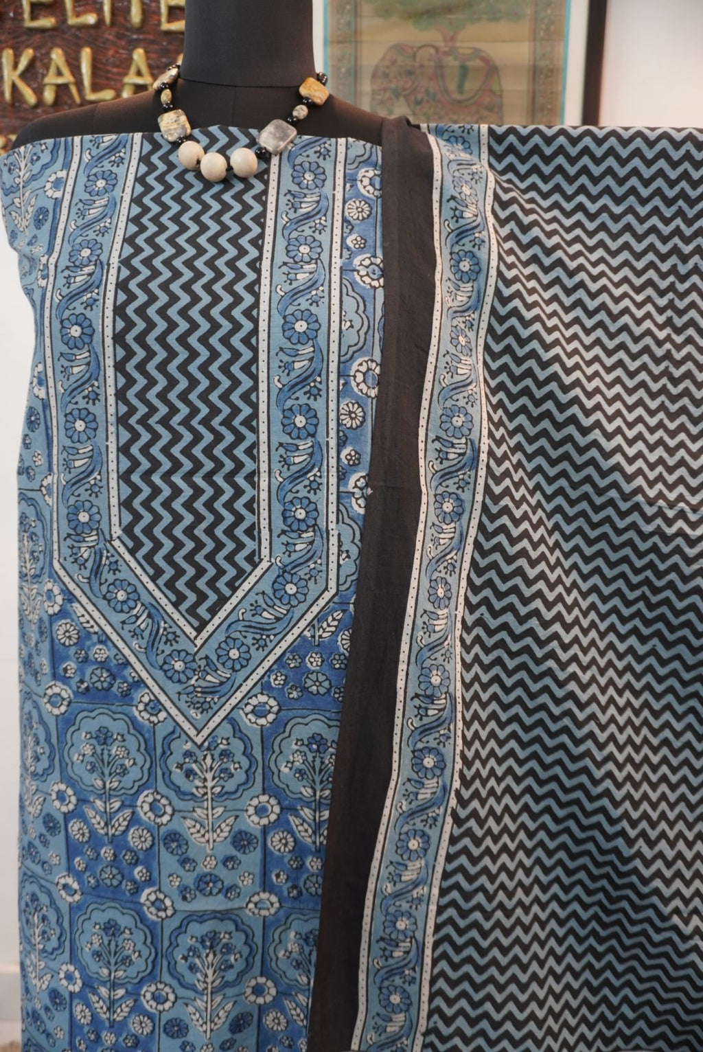 Light blue Ajrakh block print cotton 3 piece suit set with black and white accents, border and tassels