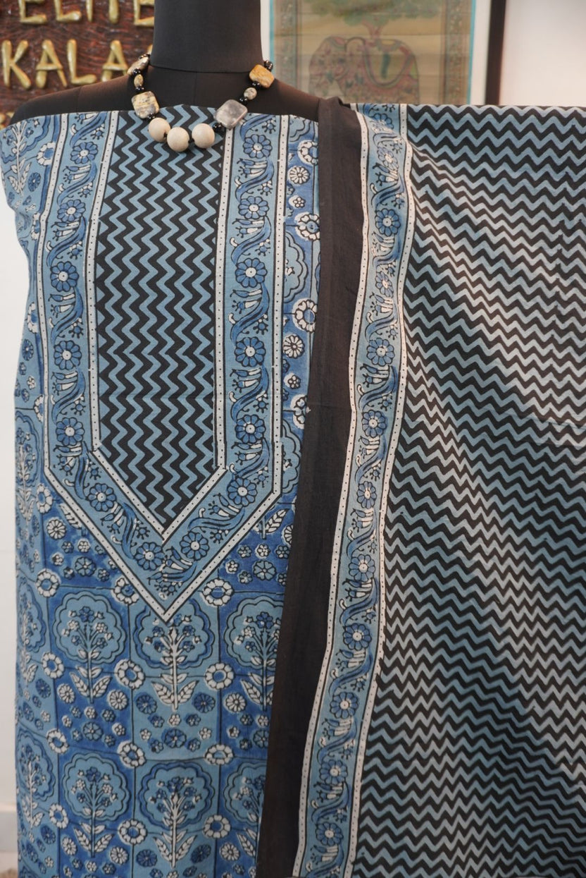 Light blue Ajrakh block print cotton 3 piece suit set with black and white accents, border and tassels