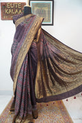 Brown Ajrakh silk saree with multicolor block print, border and tassels