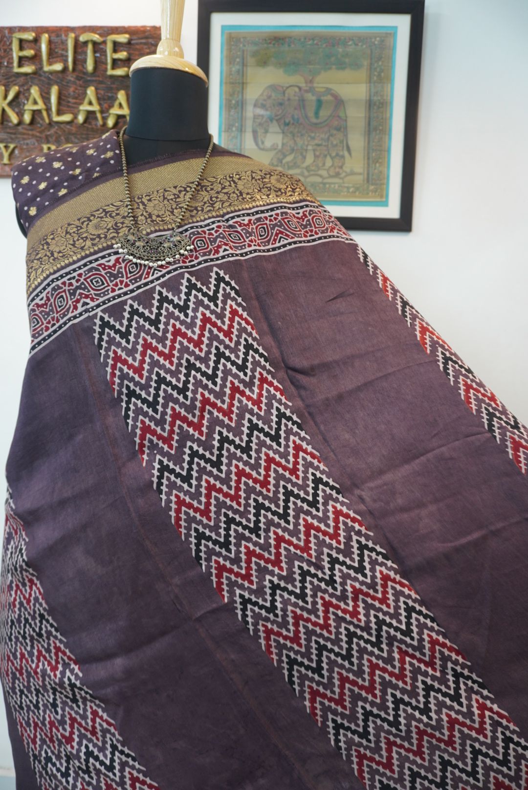 Brown Ajrakh silk saree with multicolor block print, border and tassels