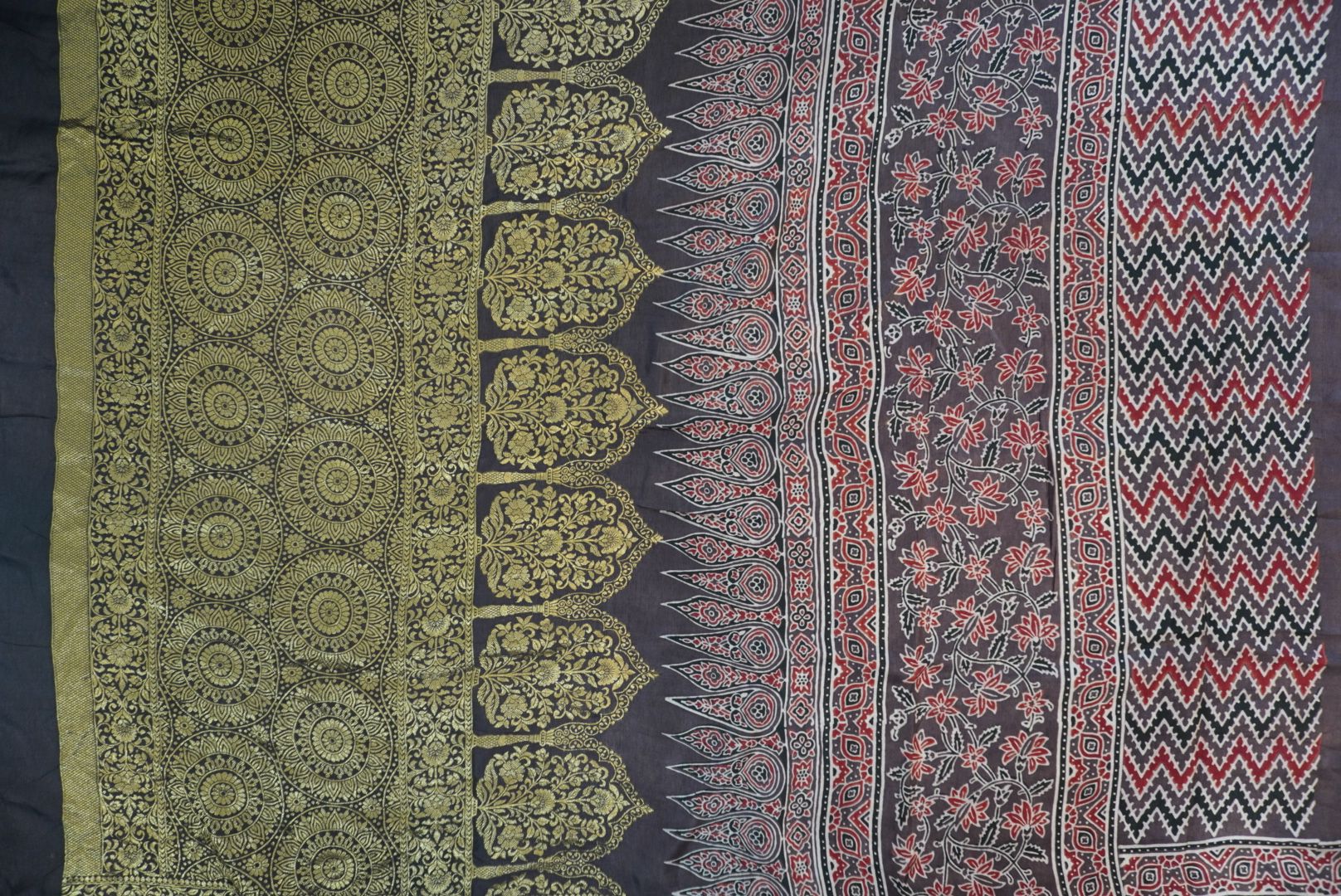 Brown Ajrakh silk saree with multicolor block print, border and tassels