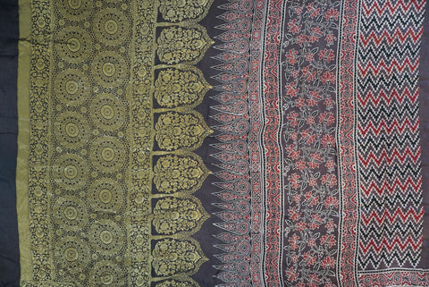 Brown Ajrakh silk saree with multicolor block print, border and tassels