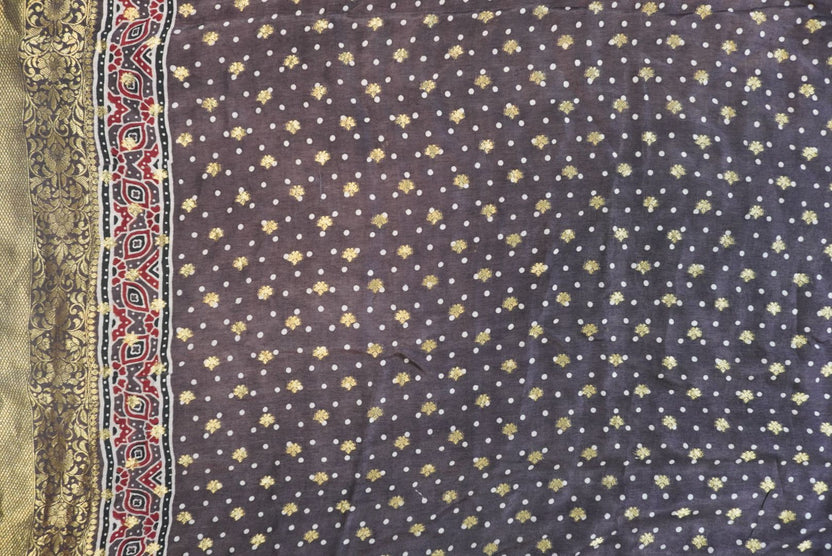 Brown Ajrakh silk saree with multicolor block print, border and tassels