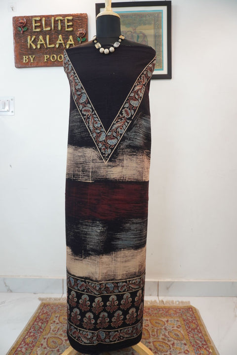 Brown Ajrakh handblock kala cotton kurti fabric with block print and border detail