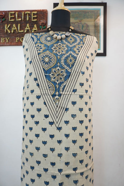 Cream Ajrakh block print kurti/top material with blue and black detailing and border