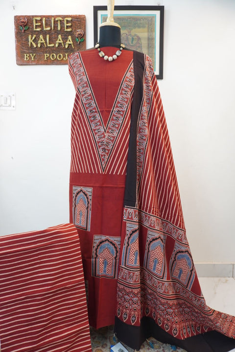Red Ajrakh handblock kala cotton kurta fabric with black, cream and grey block pattern and border detail