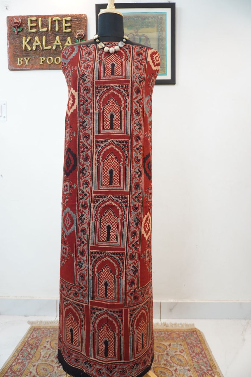 Red Ajrakh handblock kala cotton kurta fabric with black, cream and grey block pattern and border detail