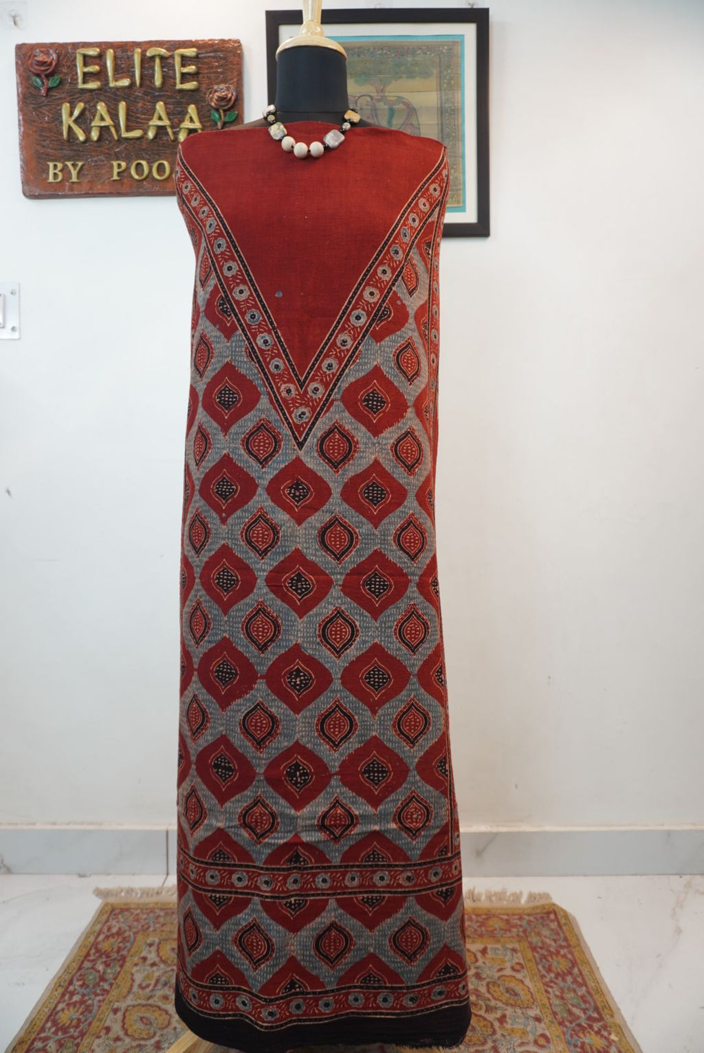 Red Ajrakh block print kala cotton kurti fabric with grey and black accents, border and fringe details