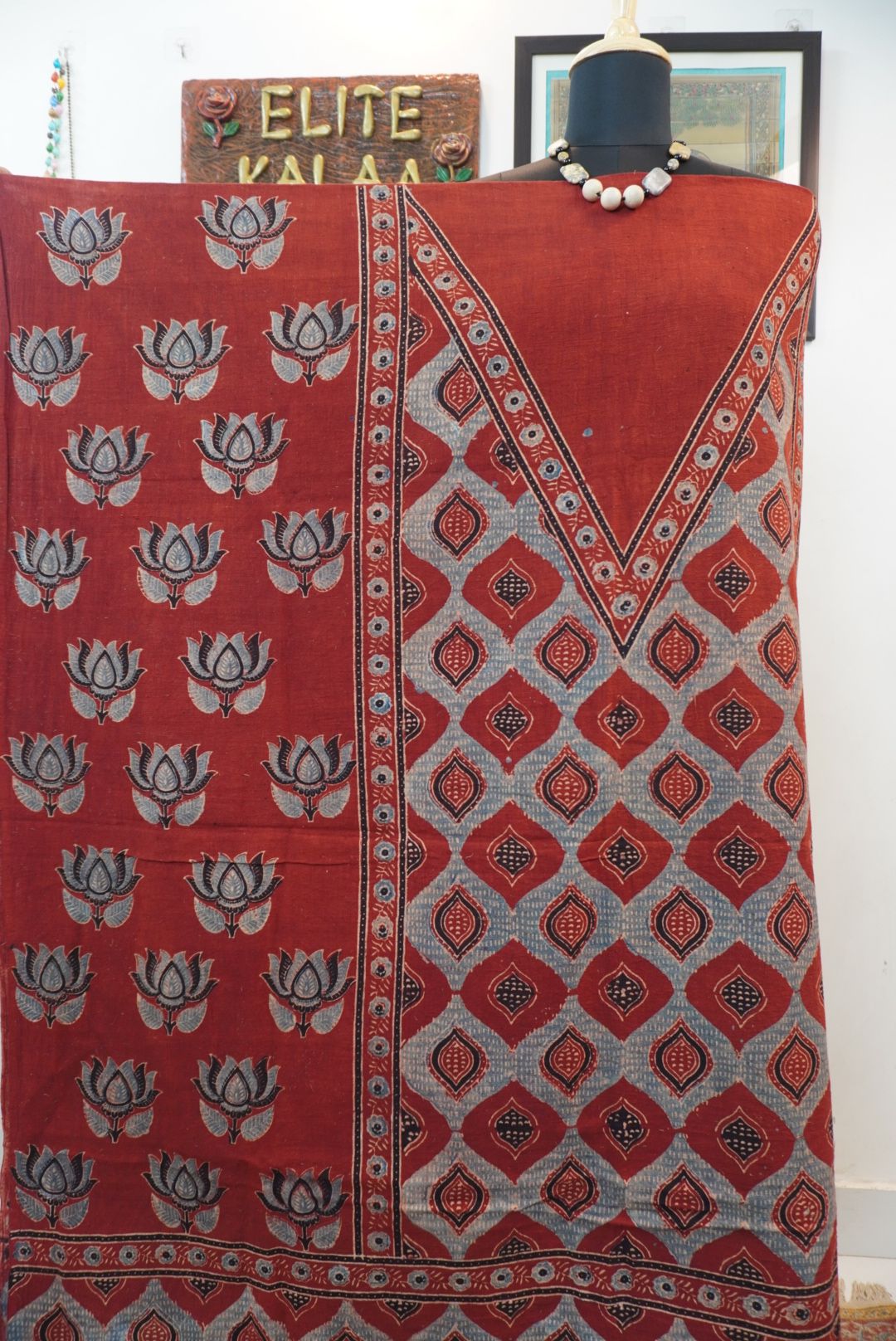 Red Ajrakh block print kala cotton kurti fabric with grey and black accents, border and fringe details