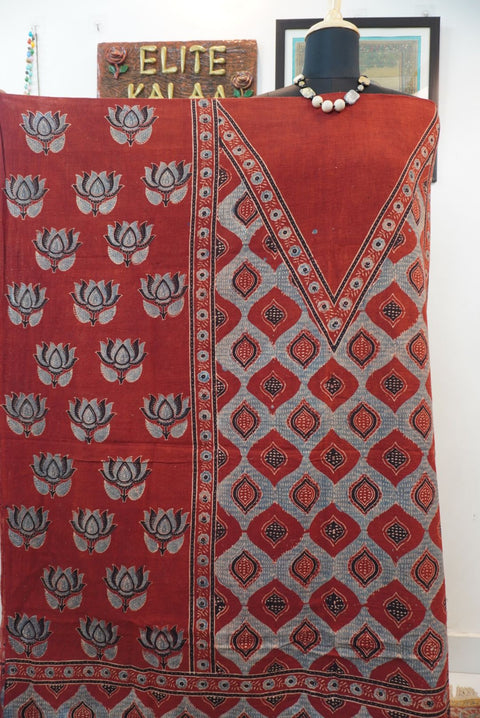 Red Ajrakh block print kala cotton kurti fabric with grey and black accents, border and fringe details