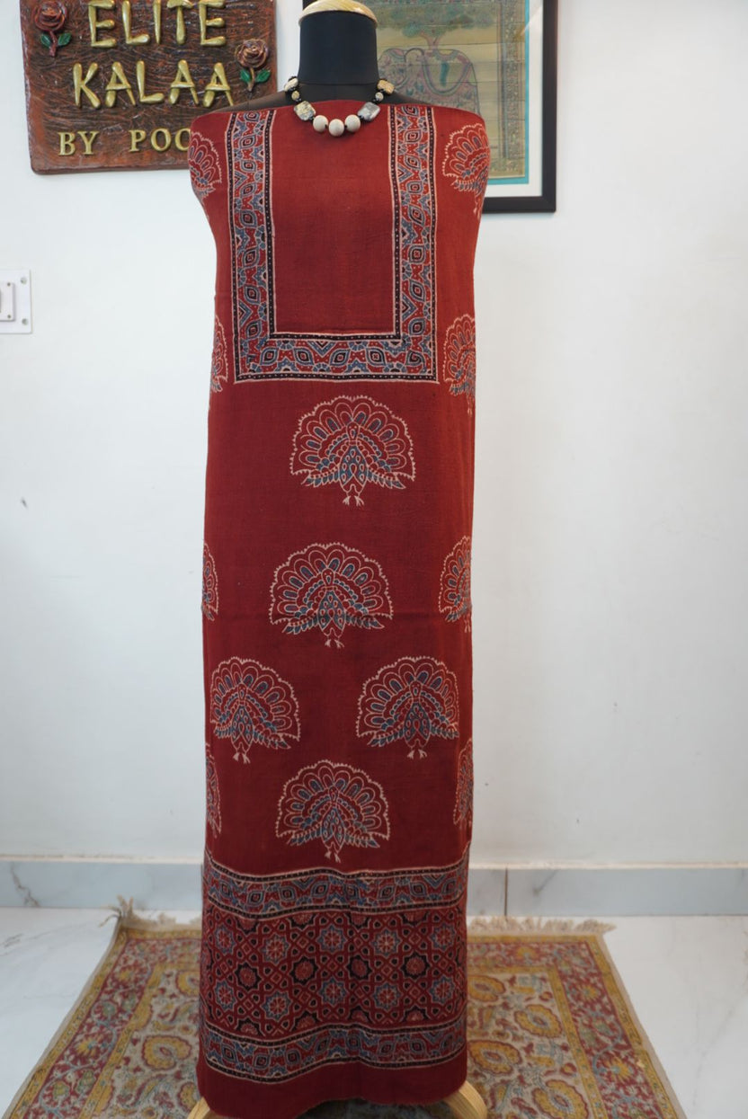Red Ajrakh block print kurti/top material with blue, cream and black multicolor design and border
