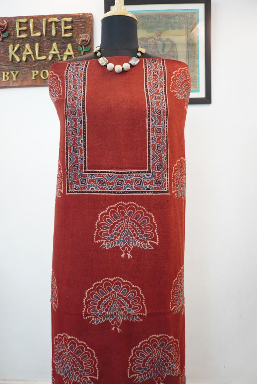 Red Ajrakh block print kurti/top material with blue, cream and black multicolor design and border