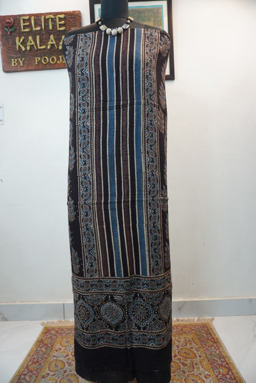 Black kurta fabric with multicolor blue, cream and brown block print pattern and border detail