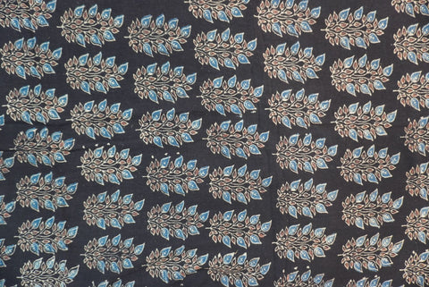 Black kurta fabric with multicolor blue, cream and brown block print pattern and border detail