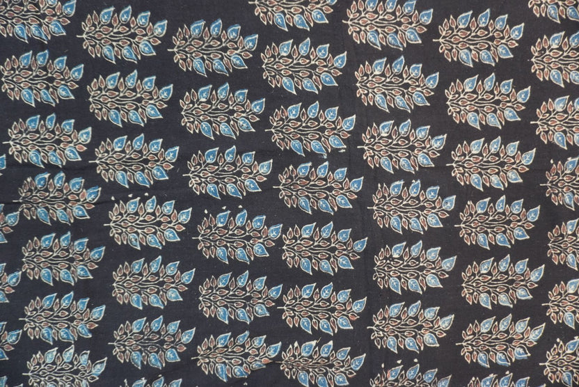 Black kurta fabric with multicolor blue, cream and brown block print pattern and border detail