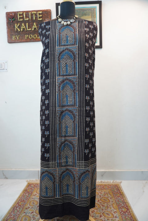 Black Ajrakh block print kurta fabric with blue, white and brown multicolor detailing and border