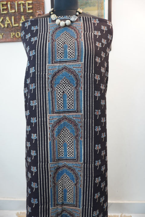 Black Ajrakh block print kurta fabric with blue, white and brown multicolor detailing and border