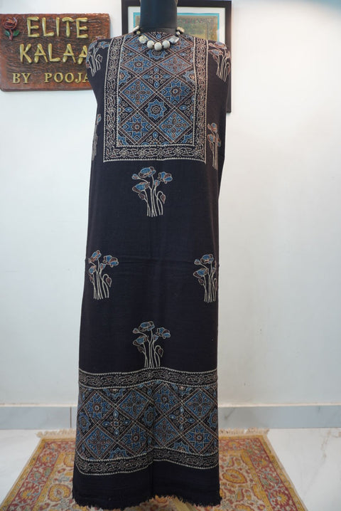 Black Ajrakh block print kurta fabric with blue, beige and brown multicolor accents and border detail