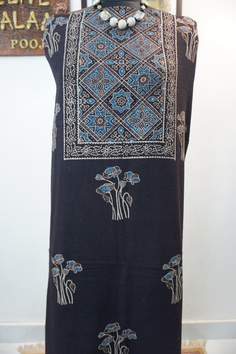 Black Ajrakh block print kurta fabric with blue, beige and brown multicolor accents and border detail