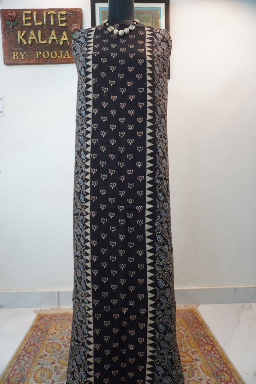 Black Ajrakh block print kurti material with multicolor pattern and border detail