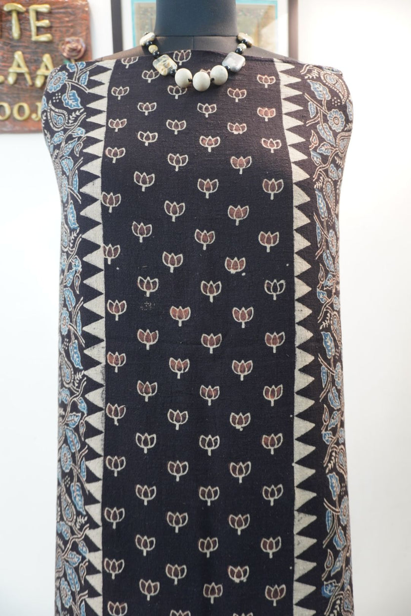Black Ajrakh block print kurti material with multicolor pattern and border detail