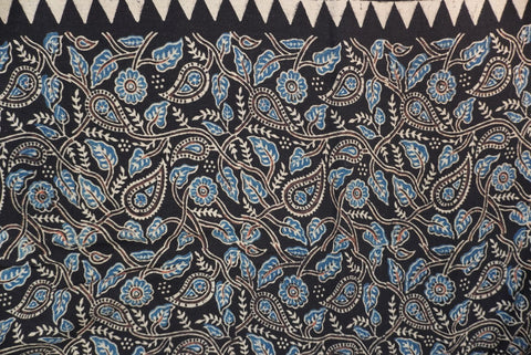 Black Ajrakh block print kurti material with multicolor pattern and border detail