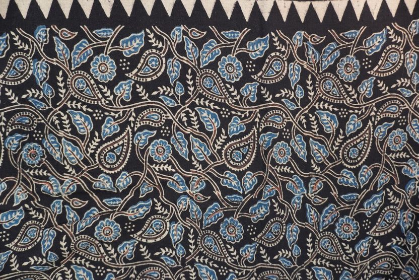 Black Ajrakh block print kurti material with multicolor pattern and border detail