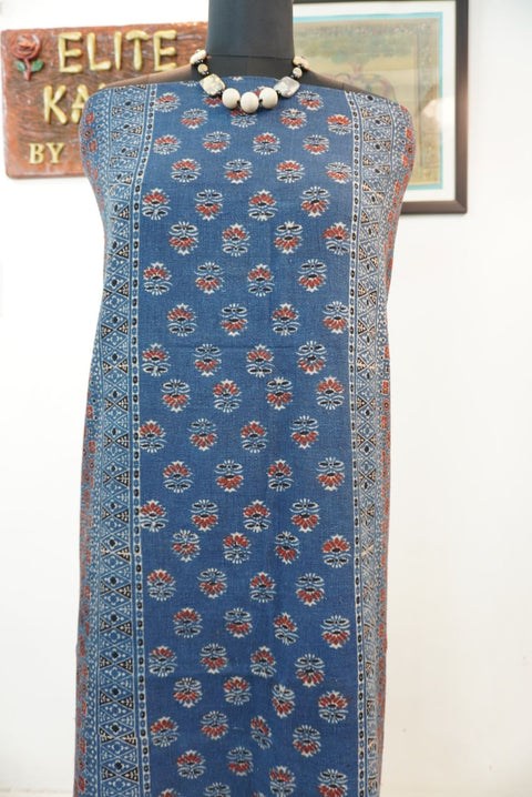 Ajrakh handblock kala cotton kurti material in indigo blue with multicolor block print and border