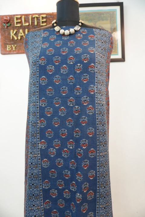 Ajrakh handblock kala cotton kurti material in indigo blue with multicolor block print and border