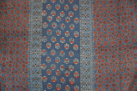 Ajrakh handblock kala cotton kurti material in indigo blue with multicolor block print and border