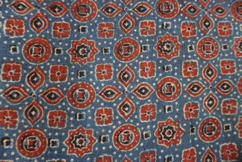 Ajrakh handblock kala cotton kurti material in indigo blue with multicolor block print and border