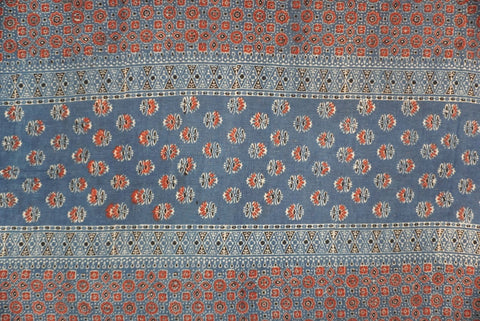 Ajrakh handblock kala cotton kurti material in indigo blue with multicolor block print and border