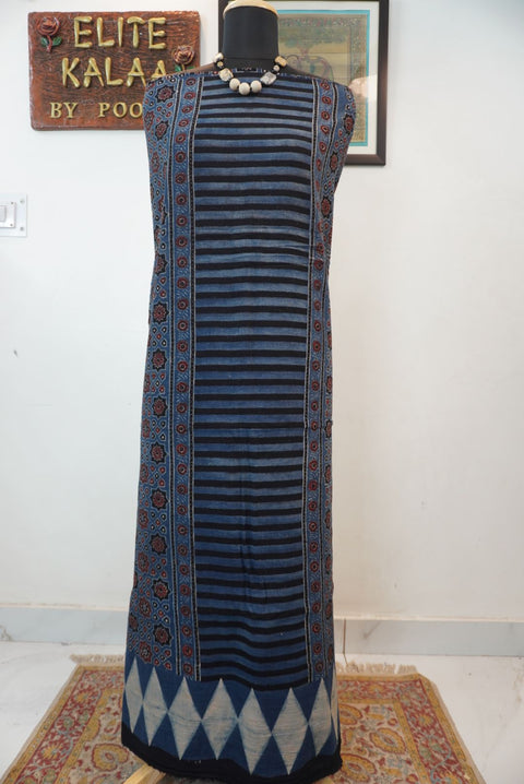 Kala cotton Ajrakh handblock kurti fabric in indigo blue with block print and border detail