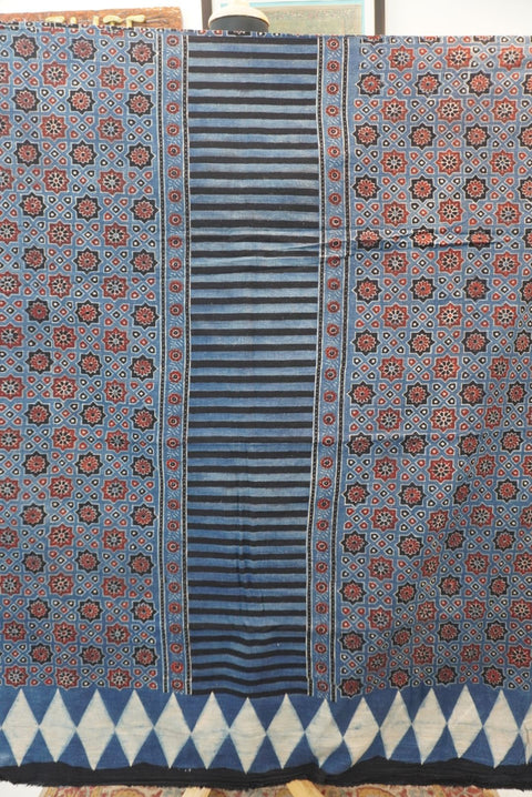 Kala cotton Ajrakh handblock kurti fabric in indigo blue with block print and border detail