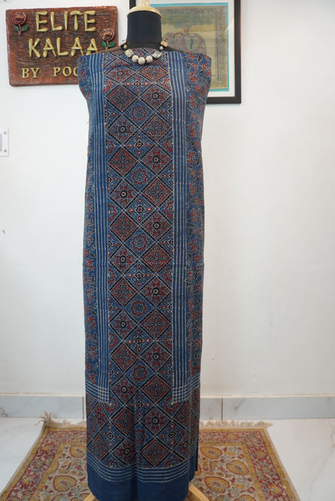 Blue Ajrakh block print kurti material with red, black and white details and border