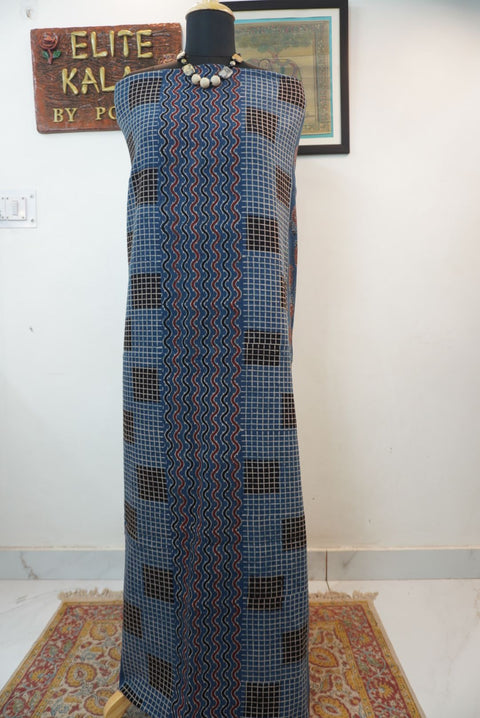 Blue kurta fabric with Ajrakh block print in black, red and white multicolor design