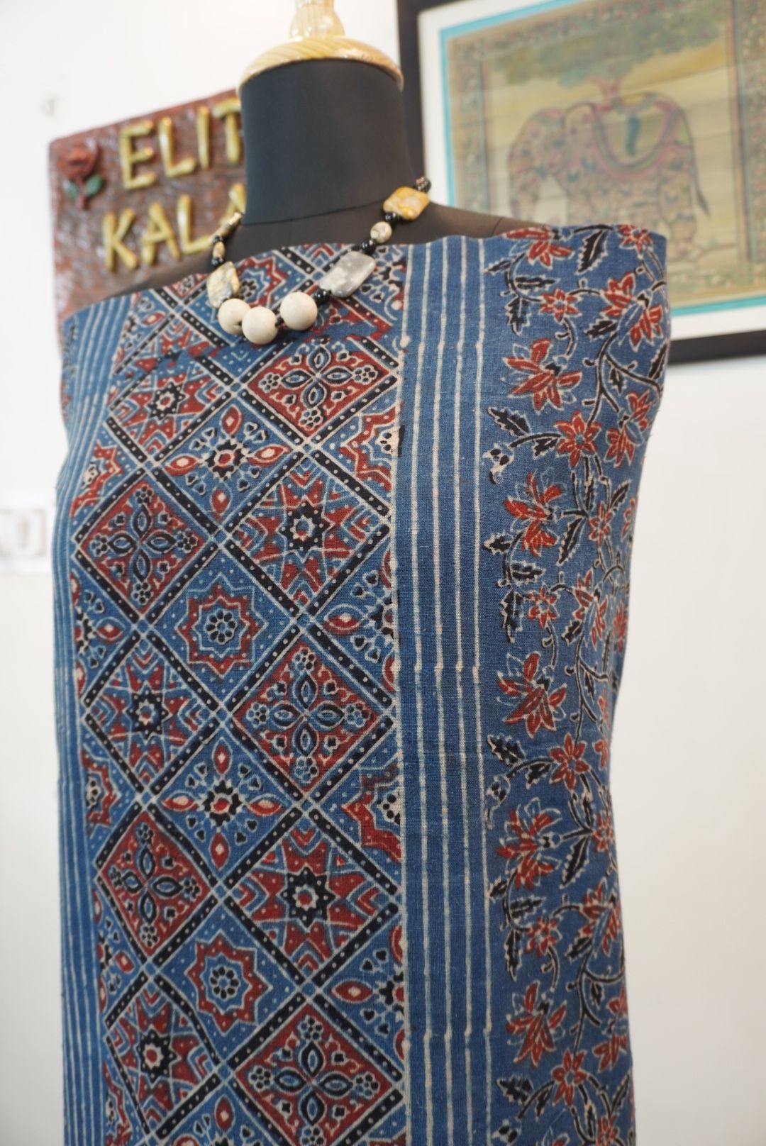 Ajrakh handblock kala cotton Kurti /top material/ indigo blue / Block pattren 6