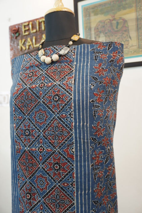 Blue Ajrakh block print kurti material with red, black and white details and border