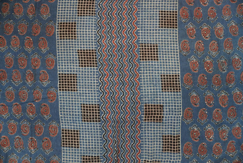Blue kurta fabric with Ajrakh block print in black, red and white multicolor design