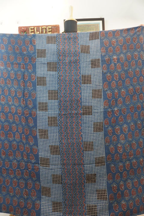Blue kurta fabric with Ajrakh block print in black, red and white multicolor design