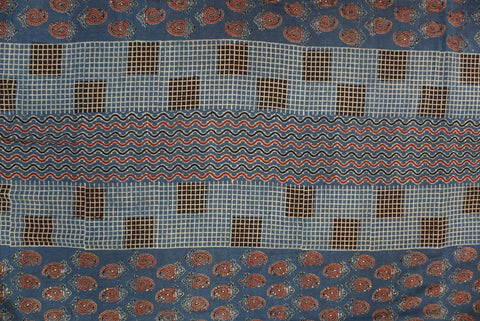 Blue kurta fabric with Ajrakh block print in black, red and white multicolor design