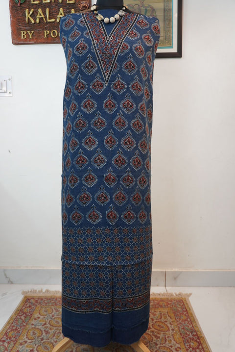 Blue Ajrakh block print kurti fabric with red and white accents and border detail