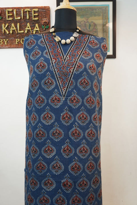 Blue Ajrakh block print kurti fabric with red and white accents and border detail