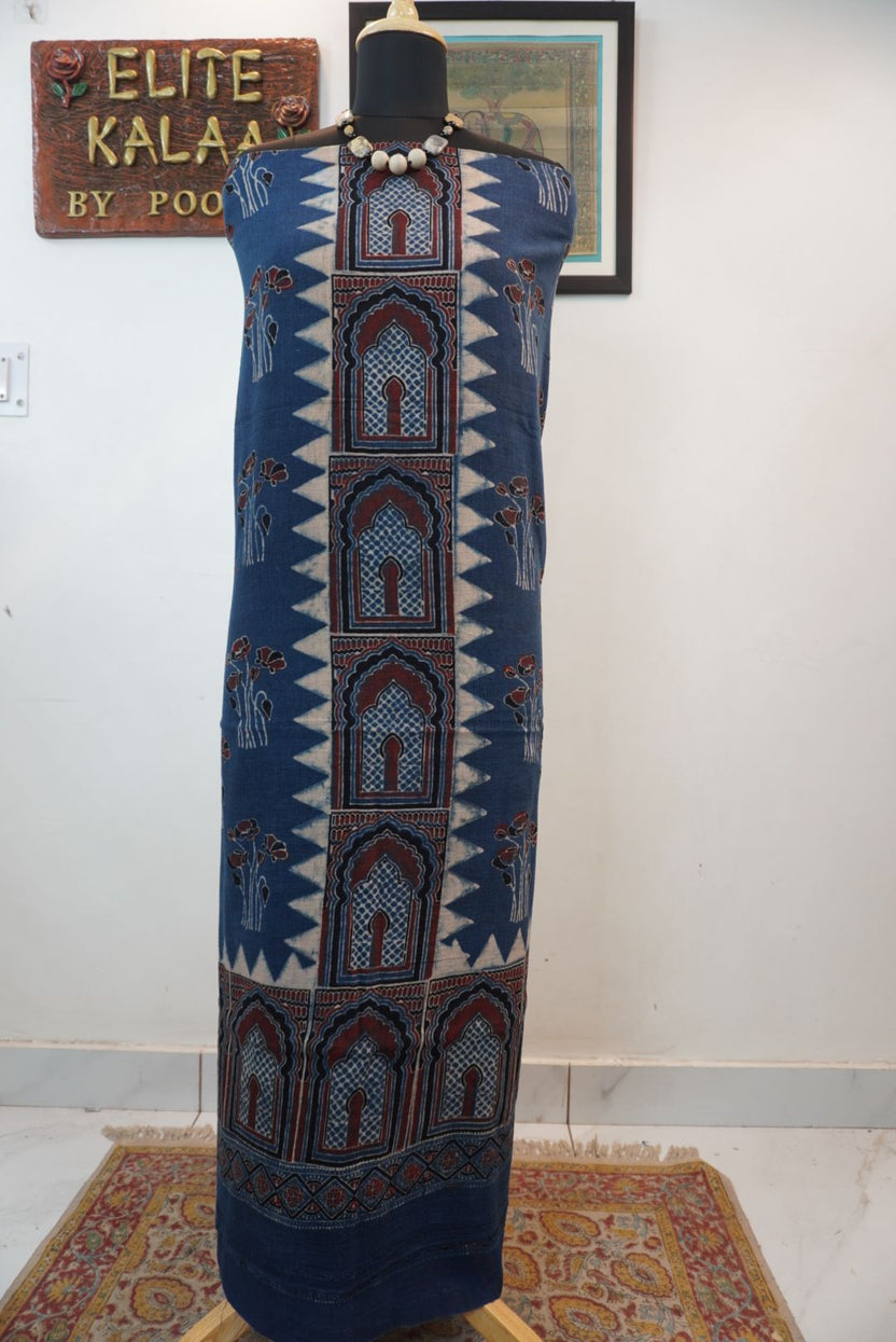 Ajrakh kala cotton kurti fabric in indigo blue with block print, border detail and multicolor accents