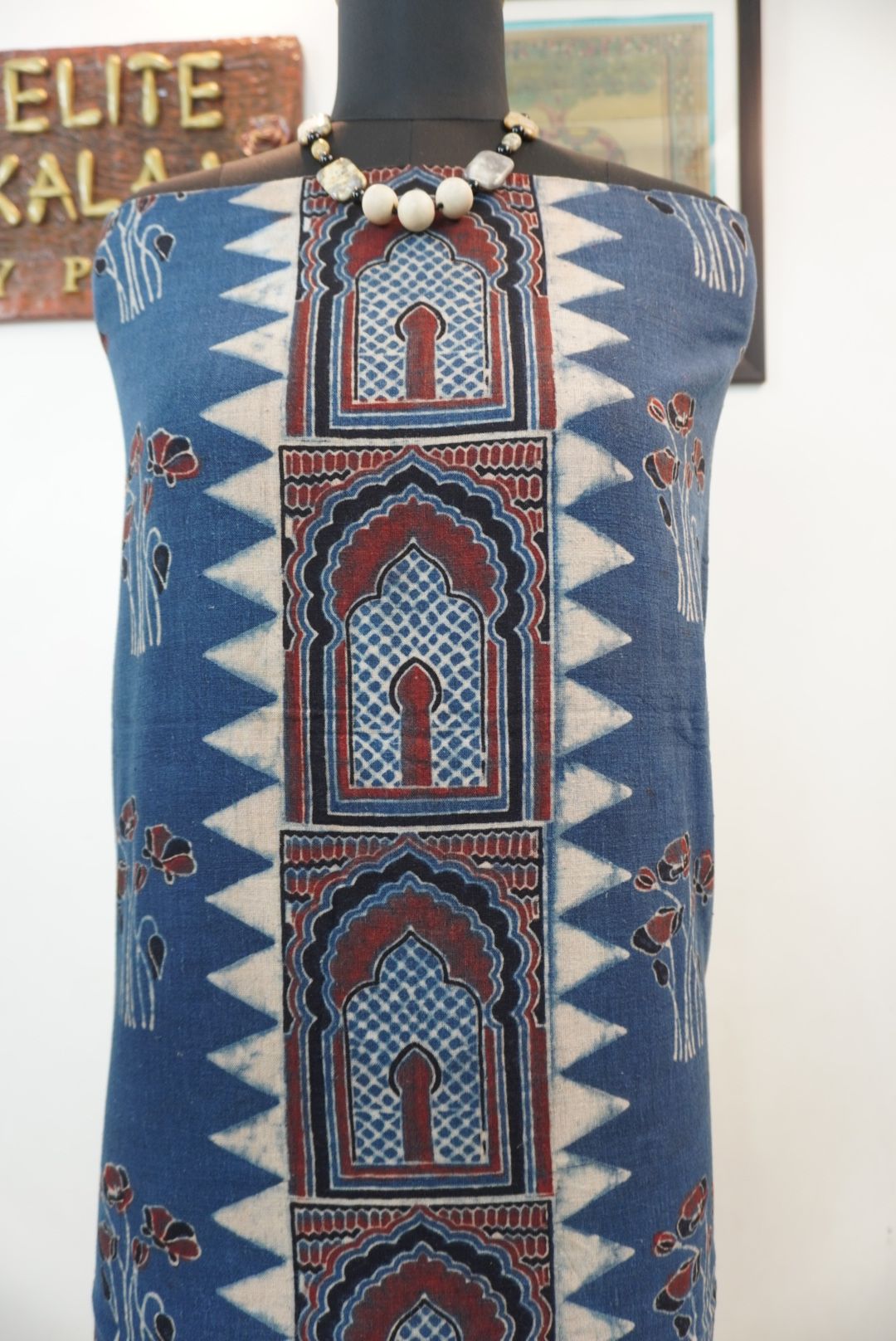 Ajrakh kala cotton kurti fabric in indigo blue with block print, border detail and multicolor accents